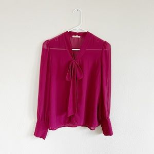 bow tie neck blouse fuchsia pink button down long sleeve pleats secretary top